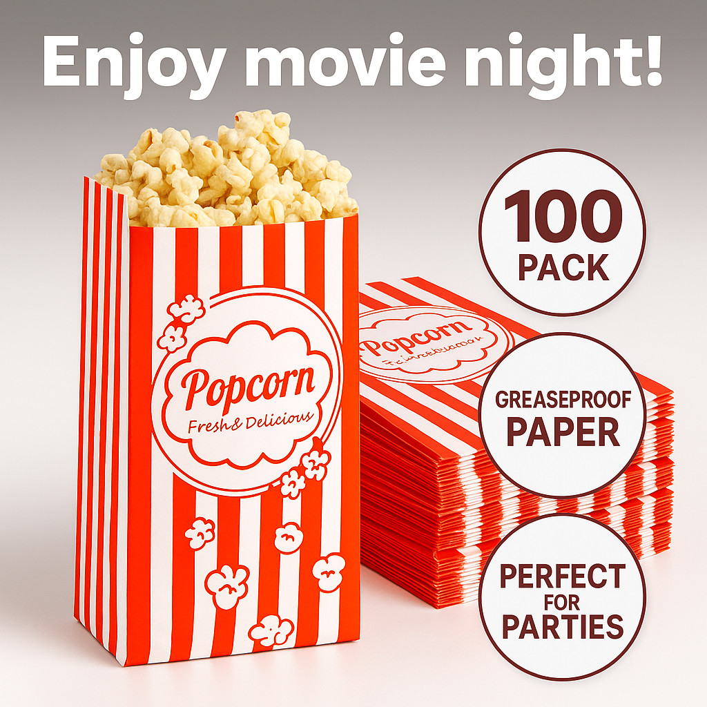 100PCS Disposable Popcorn Bags Bulk Red White Striped Paper Snack Party Favor