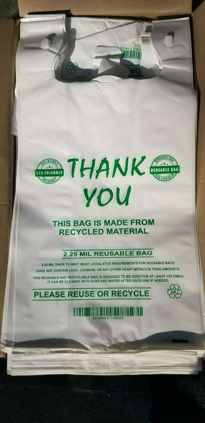 MyBrownBoxes 50pcs LG Thick (2.25Mil) "Reusable" Plastic Shopping Bags, 12x7x23