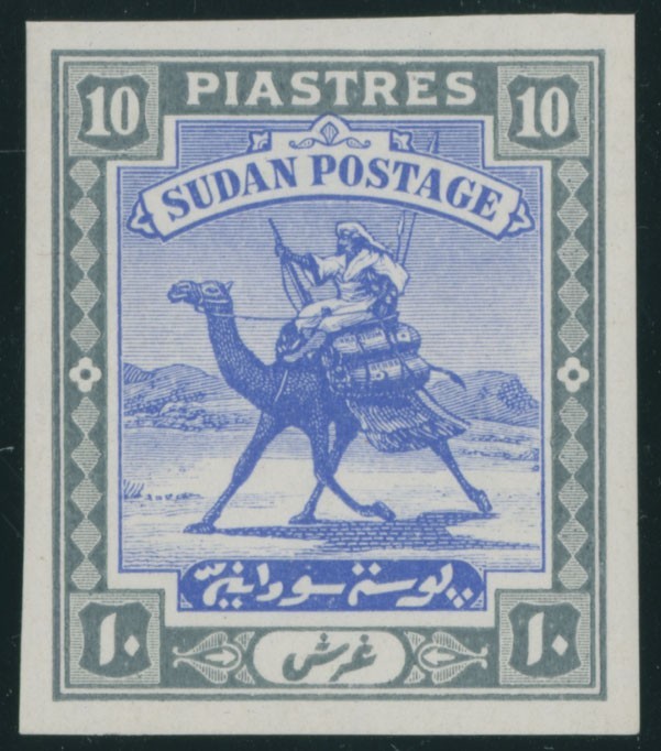 1927, SUDAN, CAMEL POST TRIAL COLOR PROOF OF 10P IN GRAY AND ULTRA, NH, SC.#49