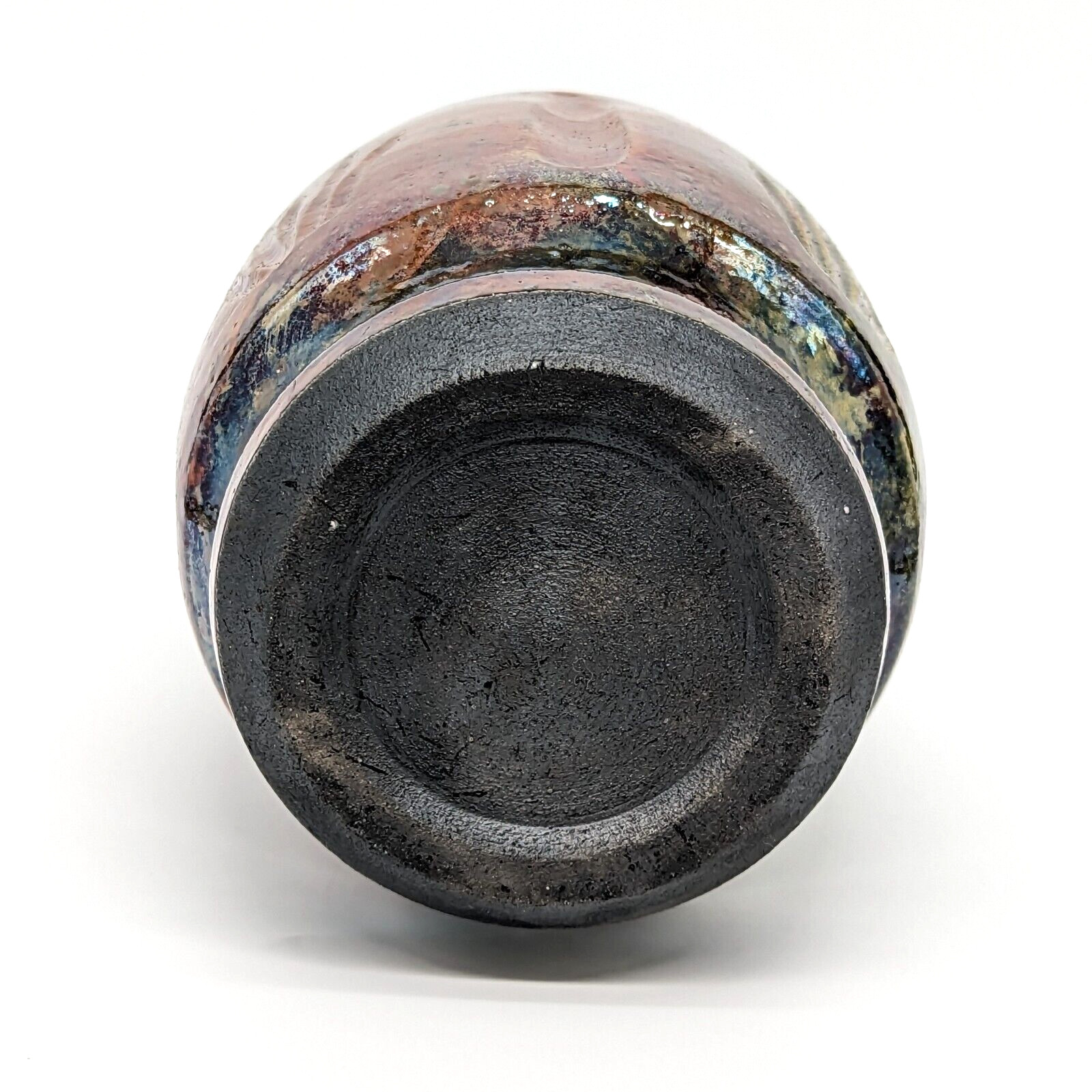 Iridescent Metallic Raku Vase Textured Nature Green Red Glaze Studio Art Pottery