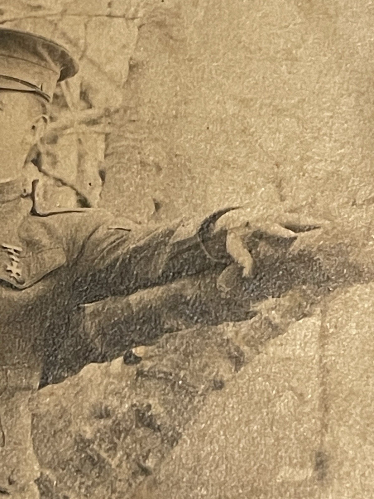 WW1 Photograph Young Military Soldier In Uniform With Medal & Hat - Sepia Color