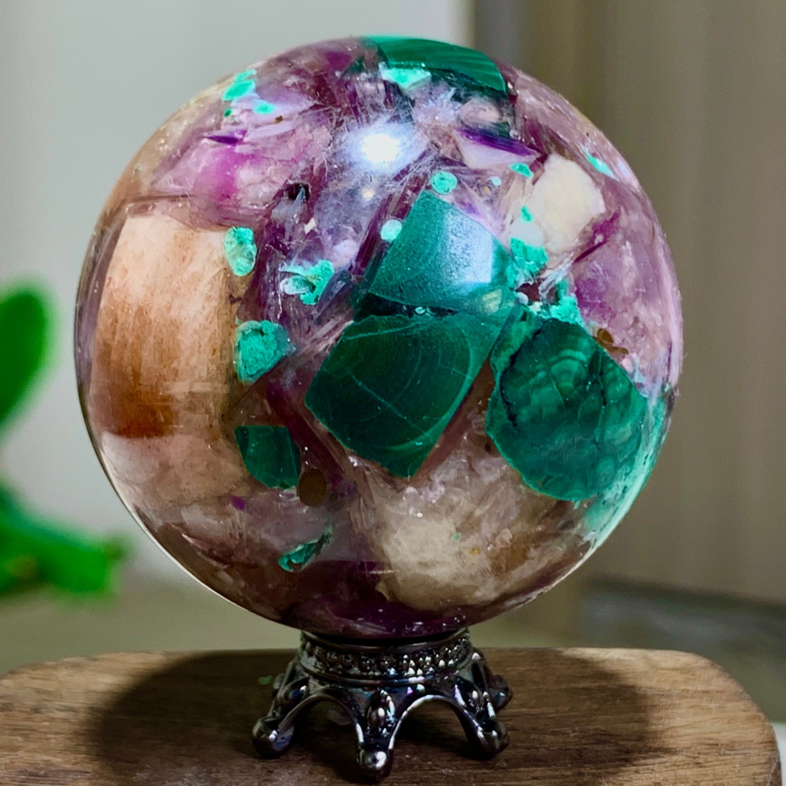79G Newly discovered rare malachite purple mica symbiotic sphere restoration