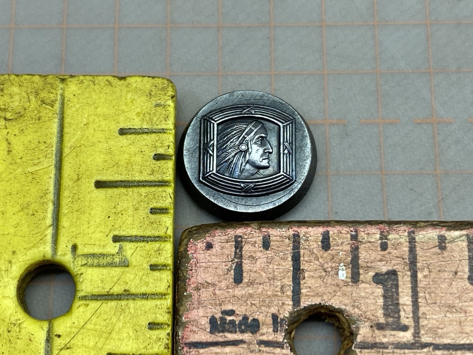 Vintage Hub Stamp Native American Indian Chief Head Tiny 7/16" Pin Ring Badge