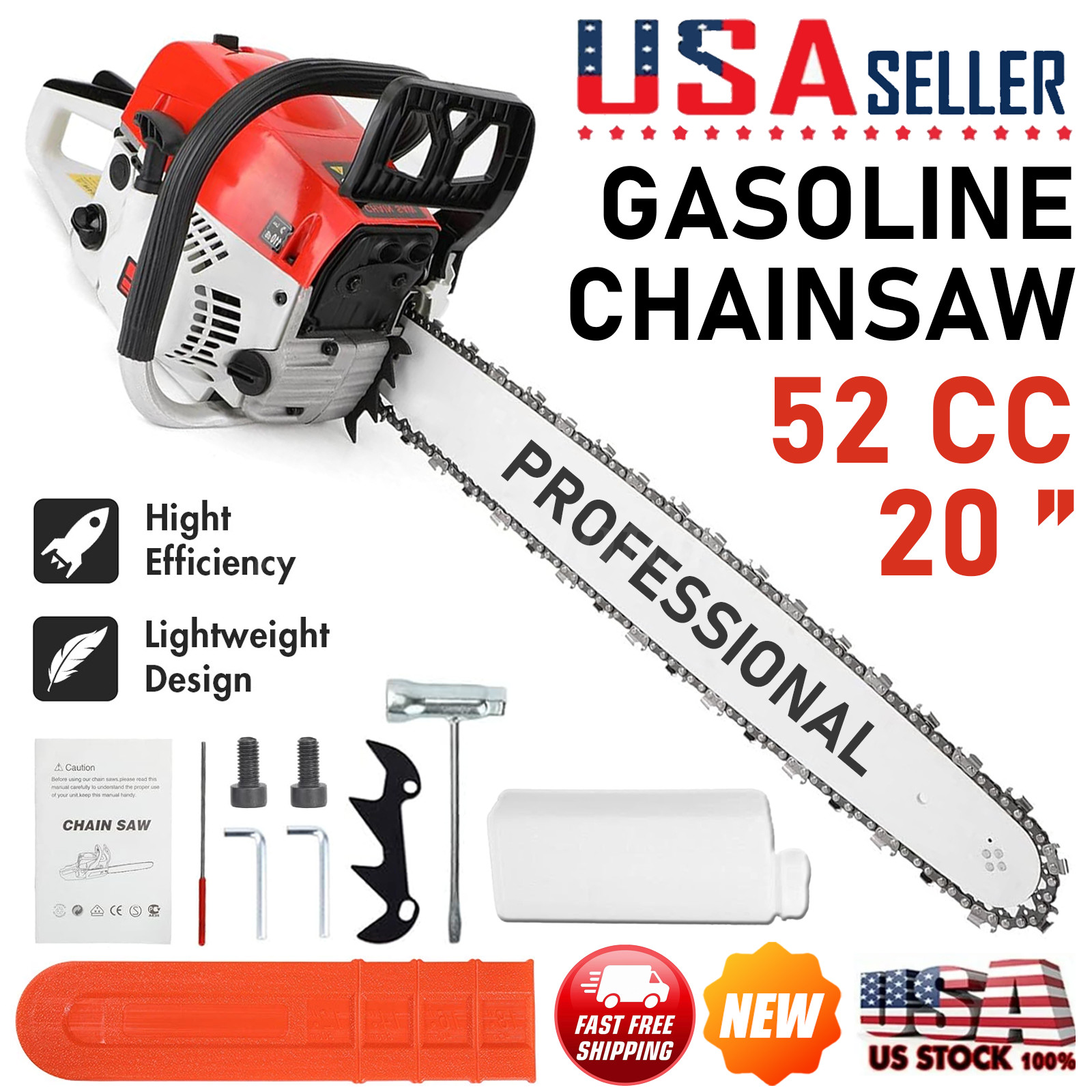 2-Stroke Gasoline Chainsaw 52 CC 20" Bar Power Engine Wood Cutting Gas Chain Saw