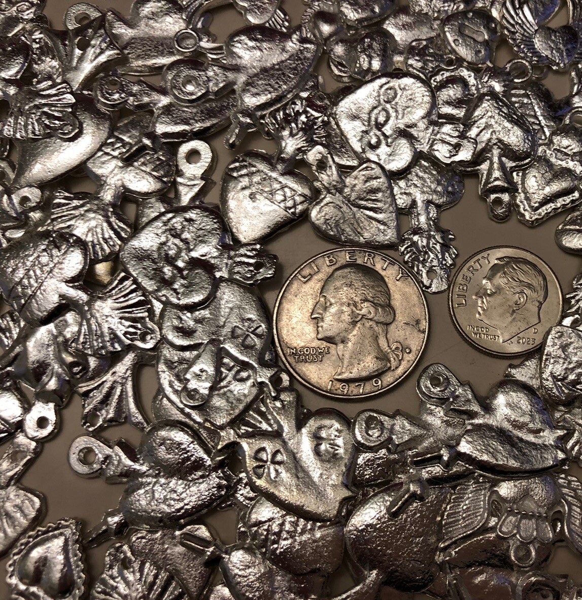 25 Milagro HEART Charms Mexican Folk Art SILVER All HEARTS Charm Lot