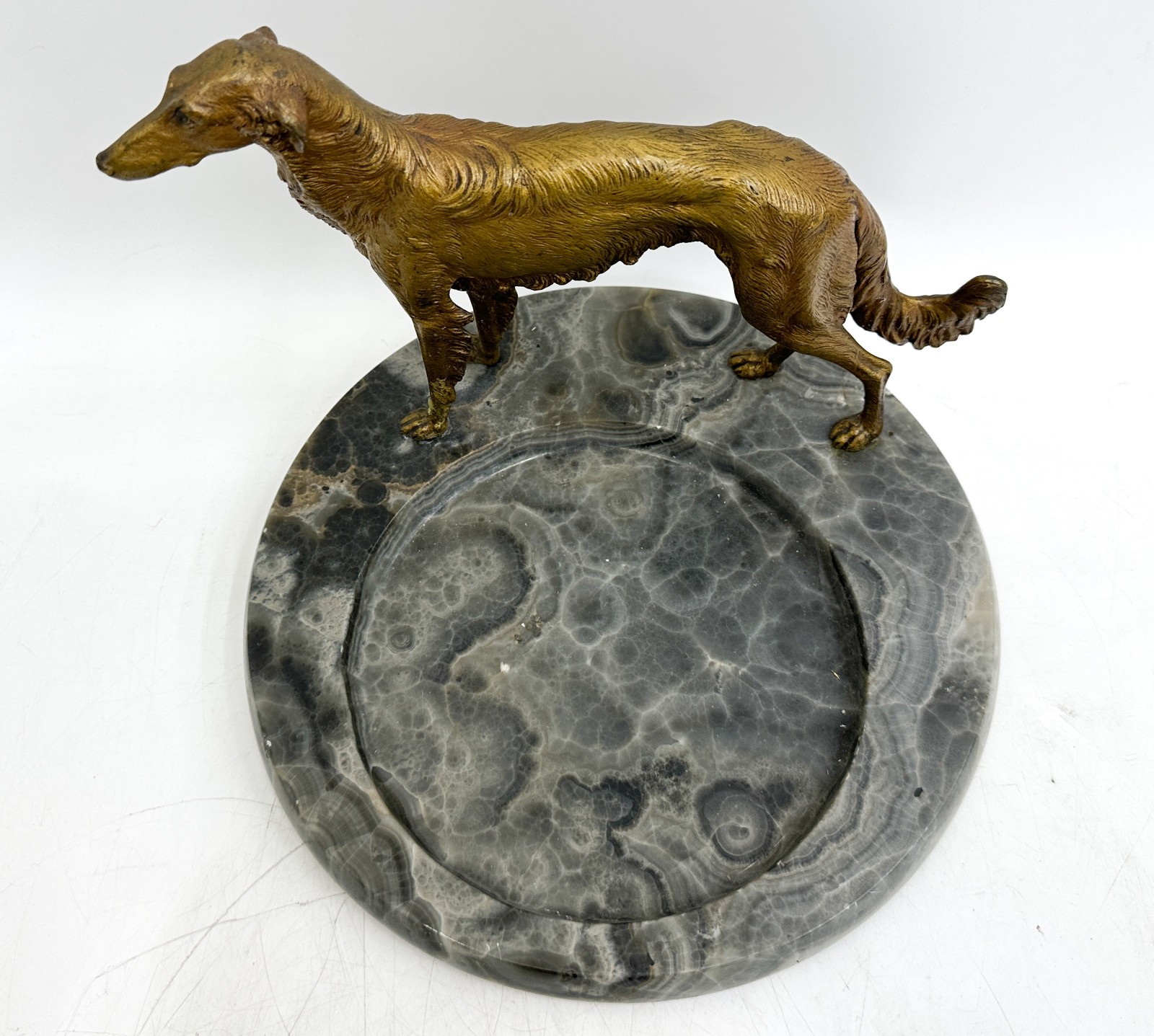 Franz Bergmann Austrian Gilt Bronze and Grey Agate Borzoi Dog Tray c1920