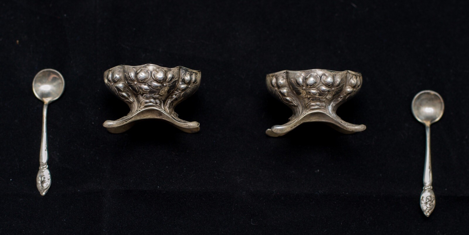 Rare Pair Art Nouveau Salt Cellers With Westmoreland Spoons-All Silver