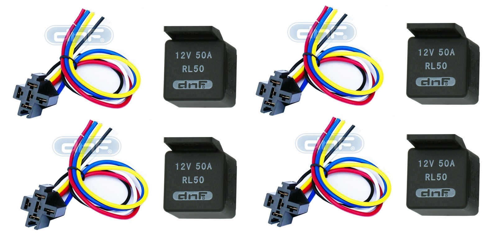 4 PAIR 50 AMP 12V BOSCH STYLE RELAY& HARNESS SOCKET SPDT + 100% COPPER WIRES