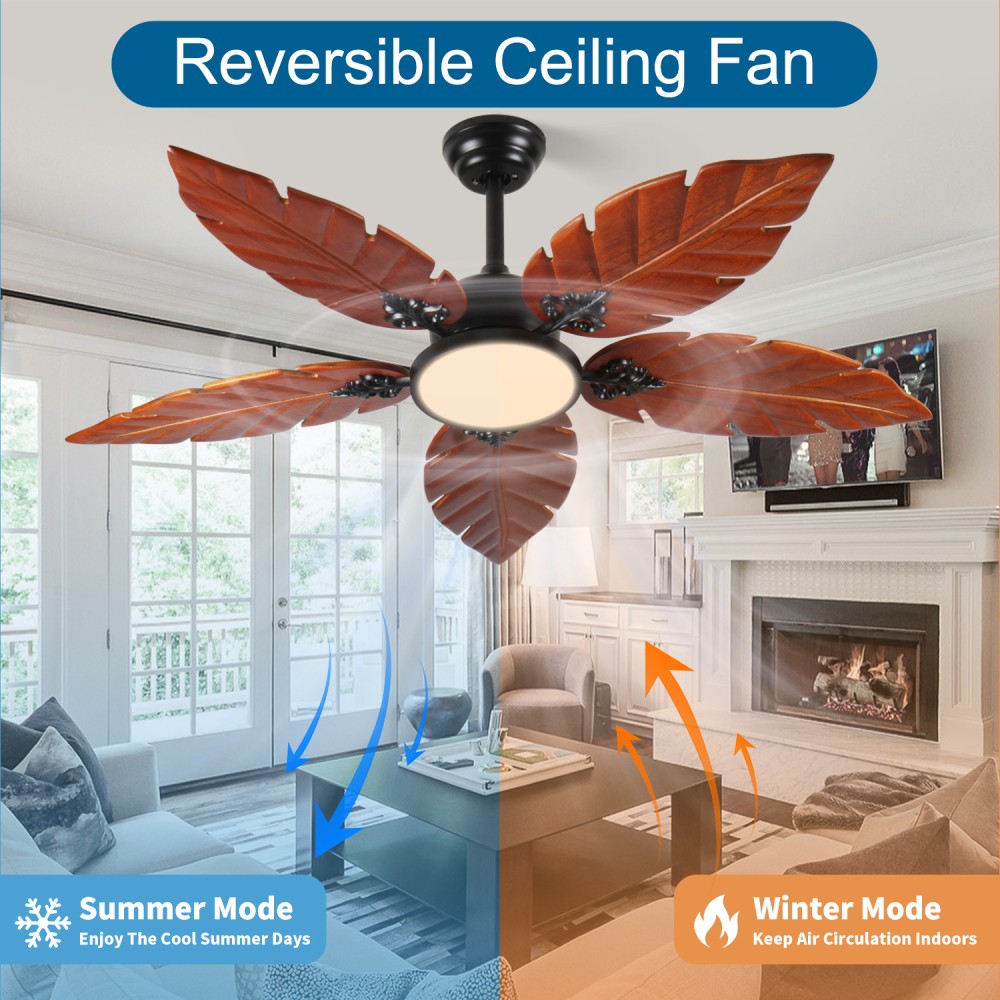 52" Palm Leaf Ceiling Fan w/ Light, Indoor/Outdoor, Reversible, Black+Bronze