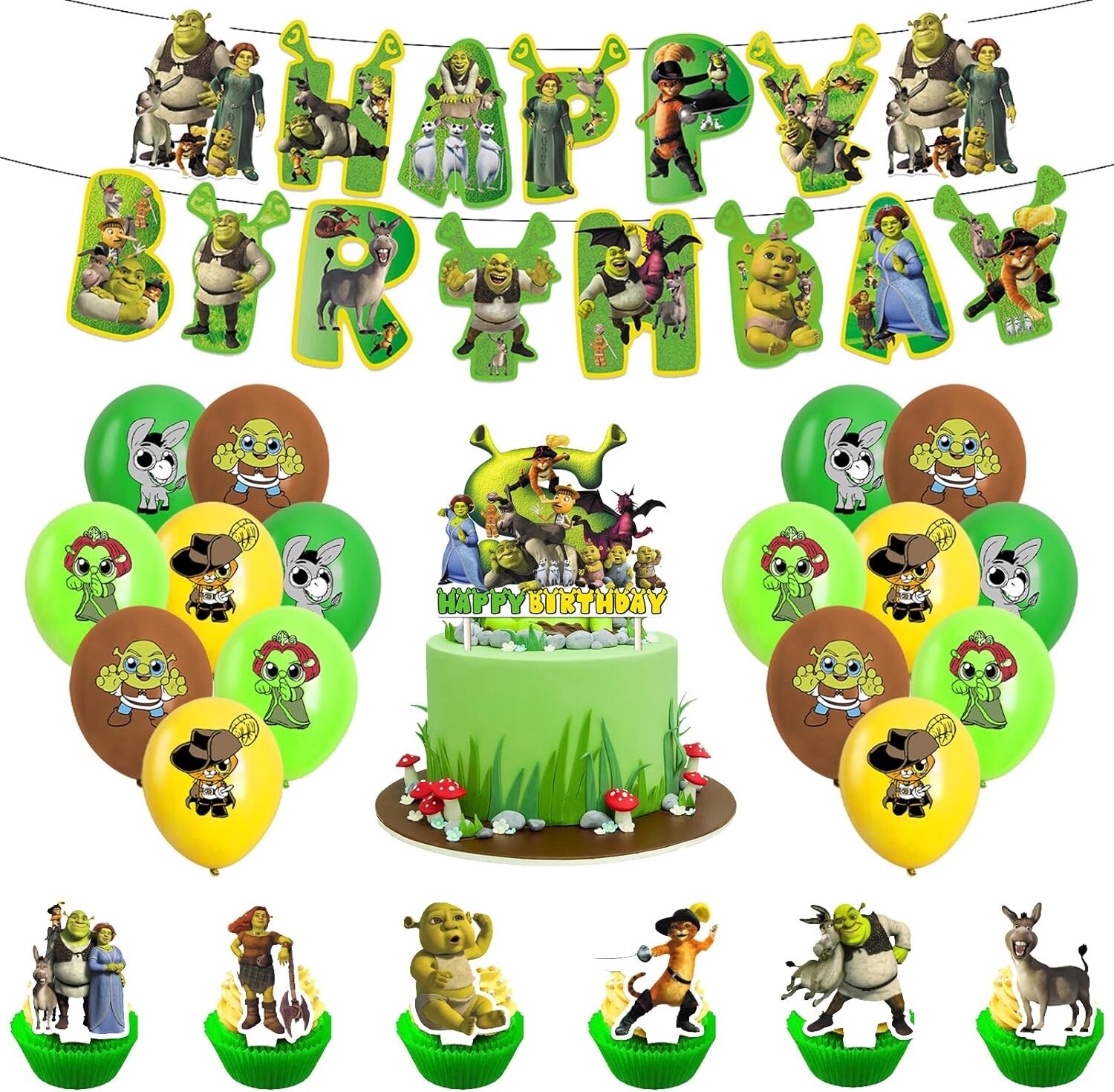 Shrek Theme Kids Birthday Party Decorations Set,Balloons Banner Cake Toppers NEW