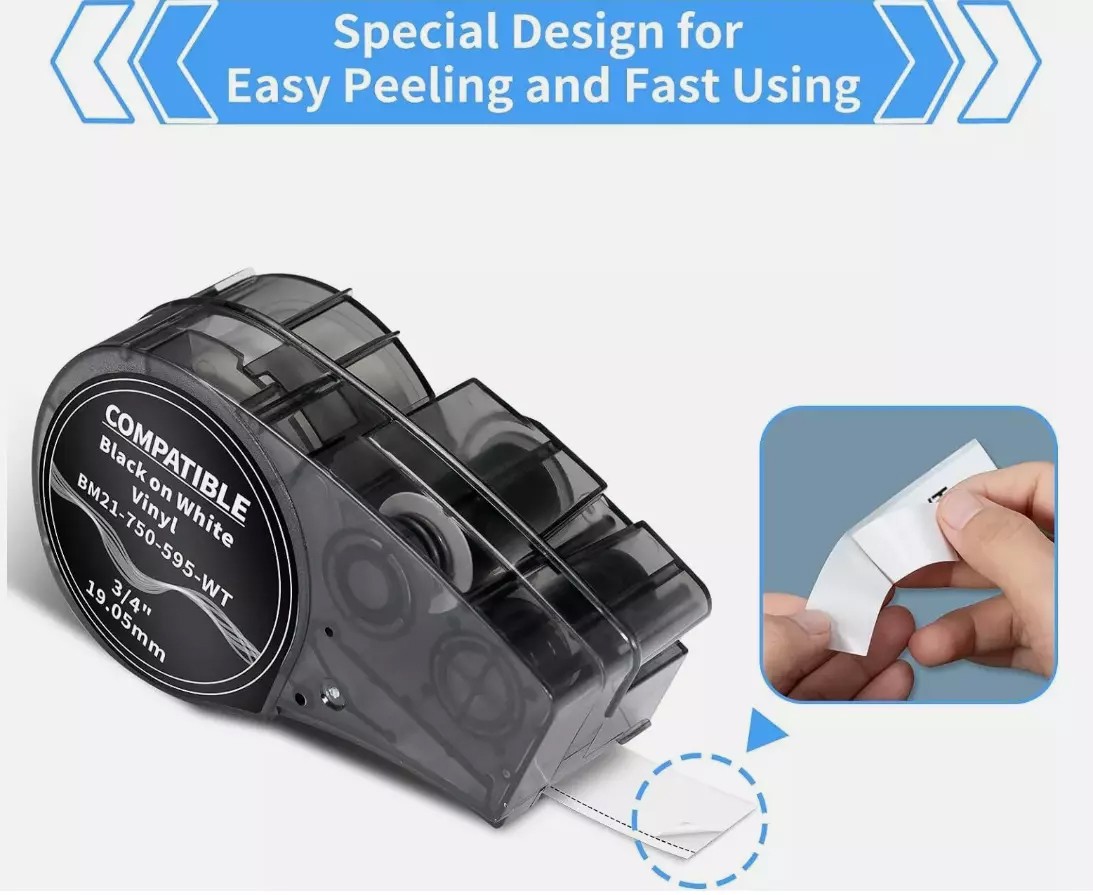 For BMP21 Label Cartridge M21-750-595-WT Black/White Vinyl 3/4" x21'