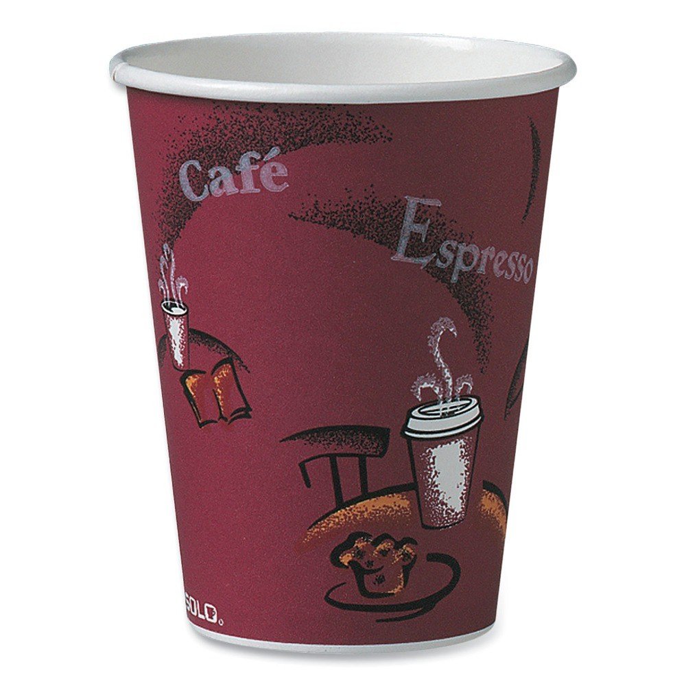 SOLO 412SINPK 12 oz. Paper Hot Drink Cups in Bistro Design - Maroon (50/PK) New