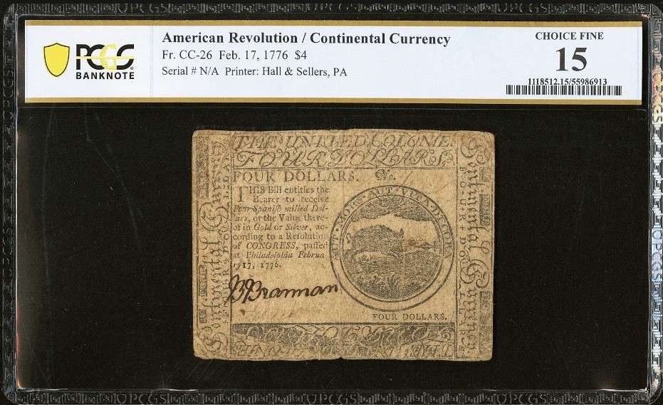 1776 American Revolution $4 Continental Currency, Colonial Banknote CC-26, PCGS