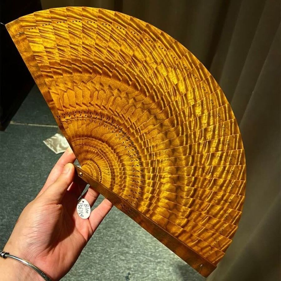 Golden Nanmu Fan Chinese Style Handmade Mini Su Fan Tassel Decor Portable