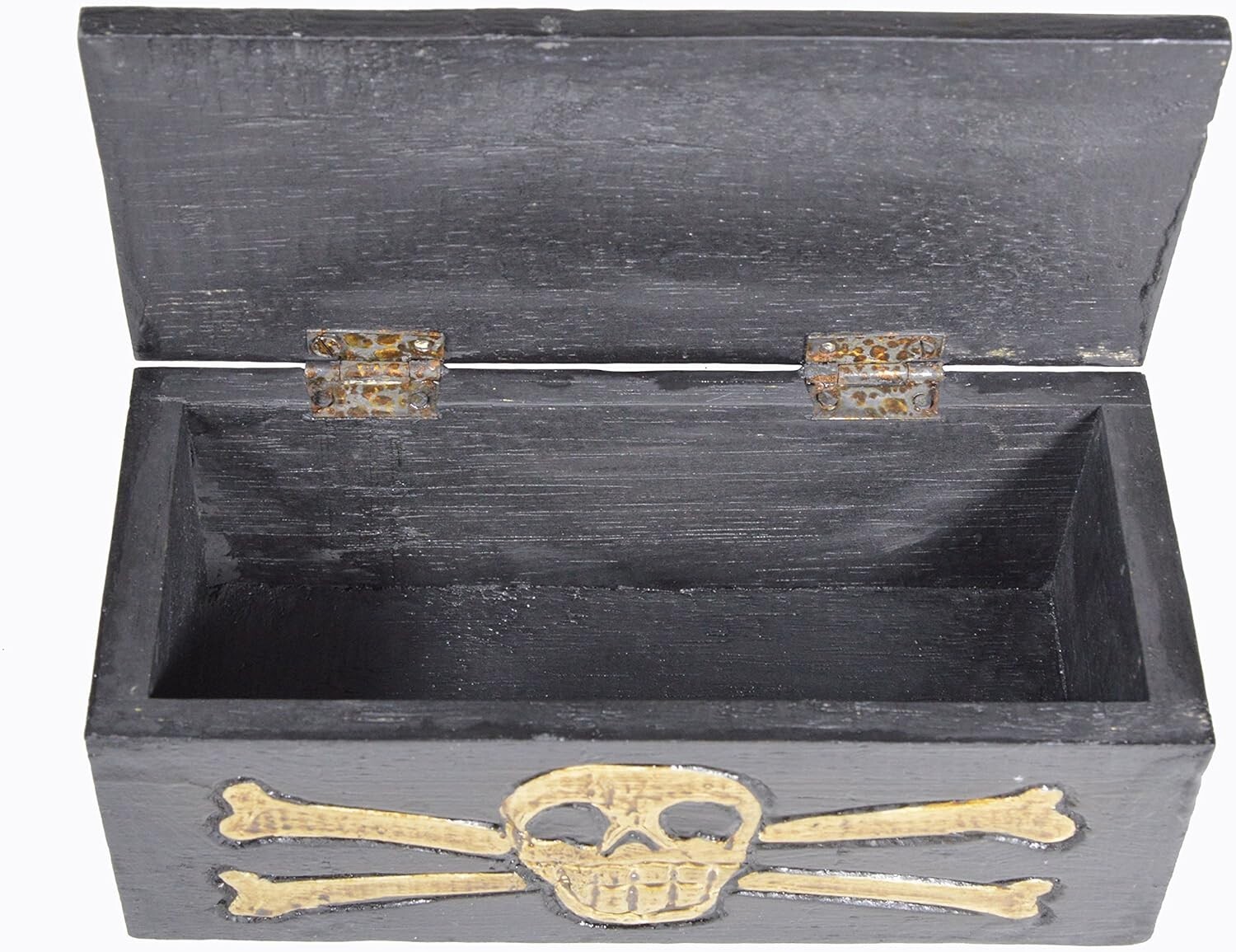 HAND CARVED WOOD SKULL PIRATE CROSS SKELETON TREASURE BOX CHEST
