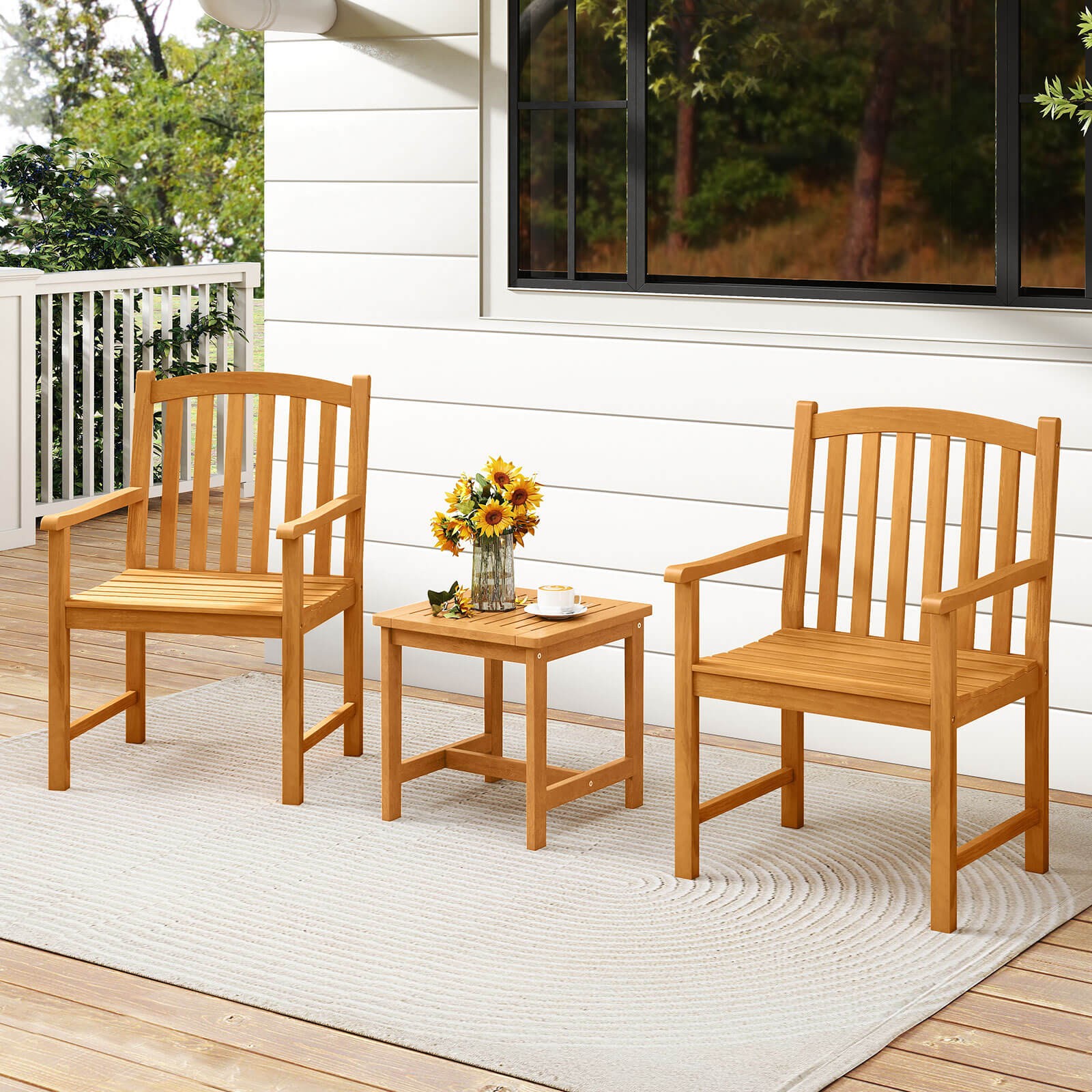 2PCS Outdoor Dining Chairs Acacia Wood Slatted Patio Chairs w/ Inclined Backrest