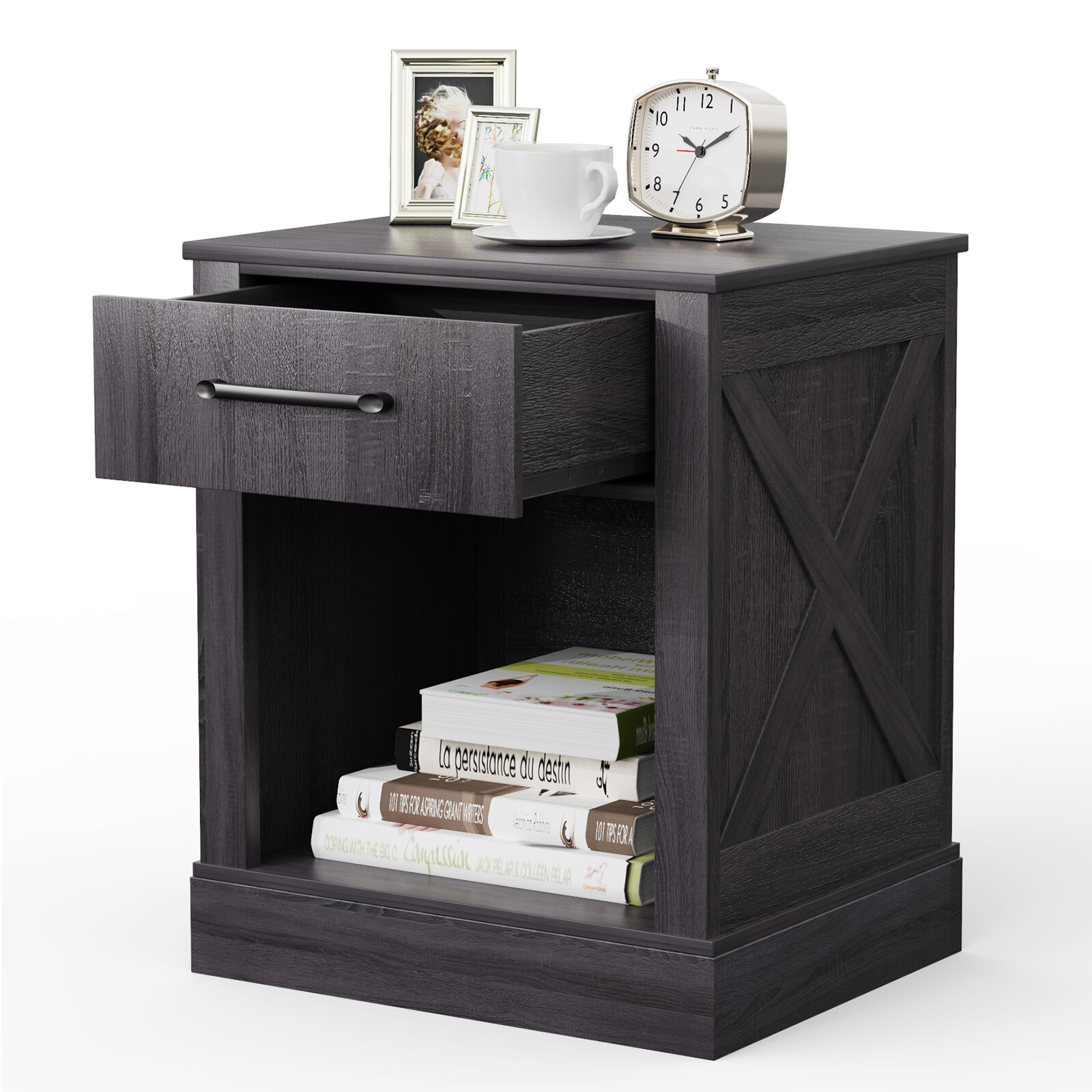 Nightstand with Drawer and Shelf Rustic Wooden Bedside Table Bedroom Black