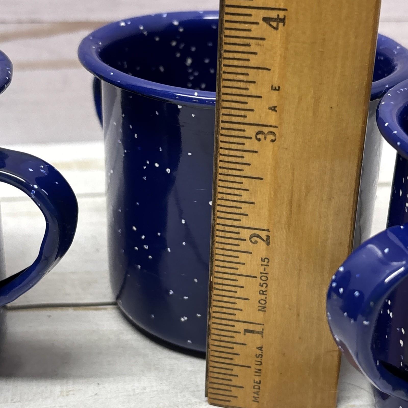 Blue Enamelware tin Set Of 4 Cups Mugs 1 Missing Some Enamel Camping Or Home Use