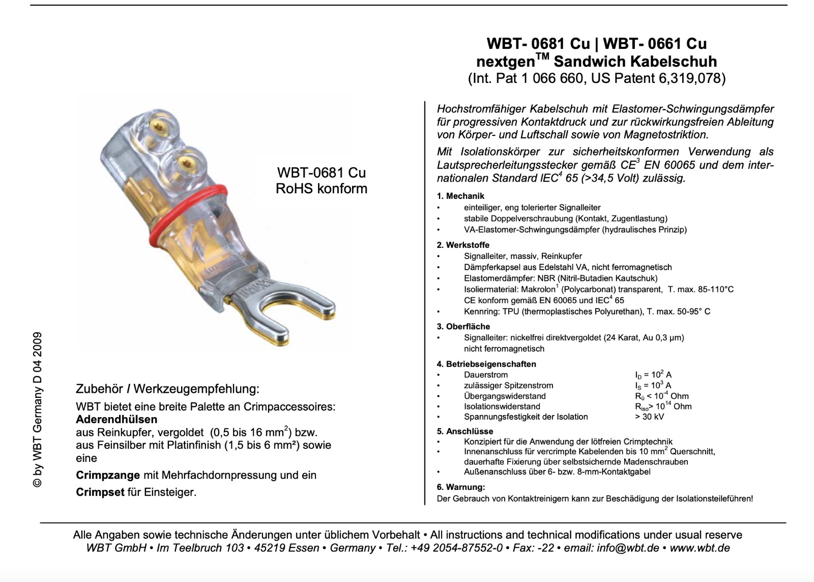 WBT 0681CU cable lug made of pure copper, 8 mm fork new + original packaging nextgen 2x red 2x white