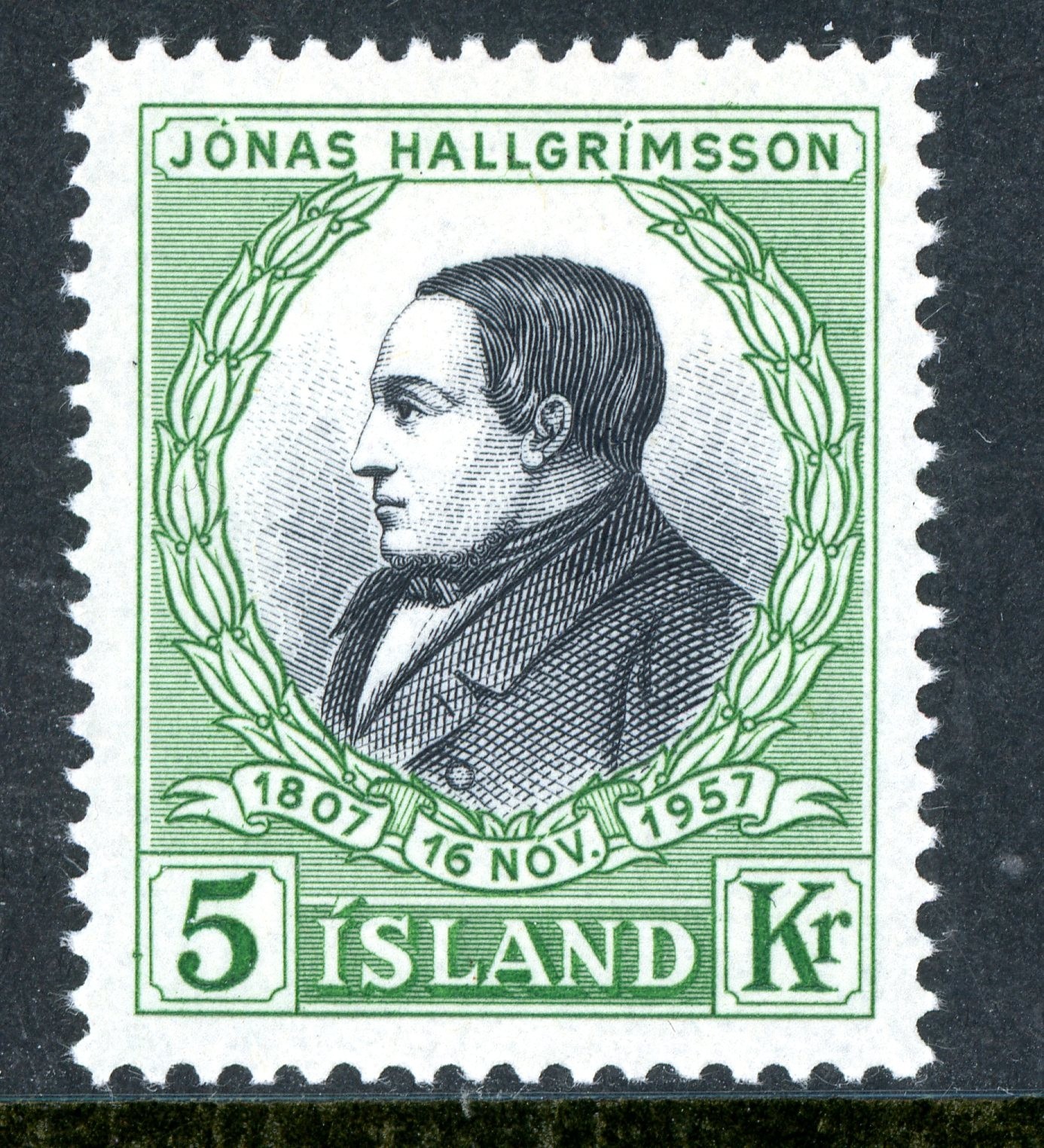 Iceland 1957 Hallglrimsson 5 Kr Green Scott #308 Mint Non Hinged T106