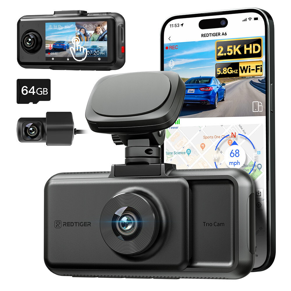 REDTIGER A6 Dash Cam 2.5K 3 Channel Dash Camera, 5.8GHz WiFi,3" Touch Screen