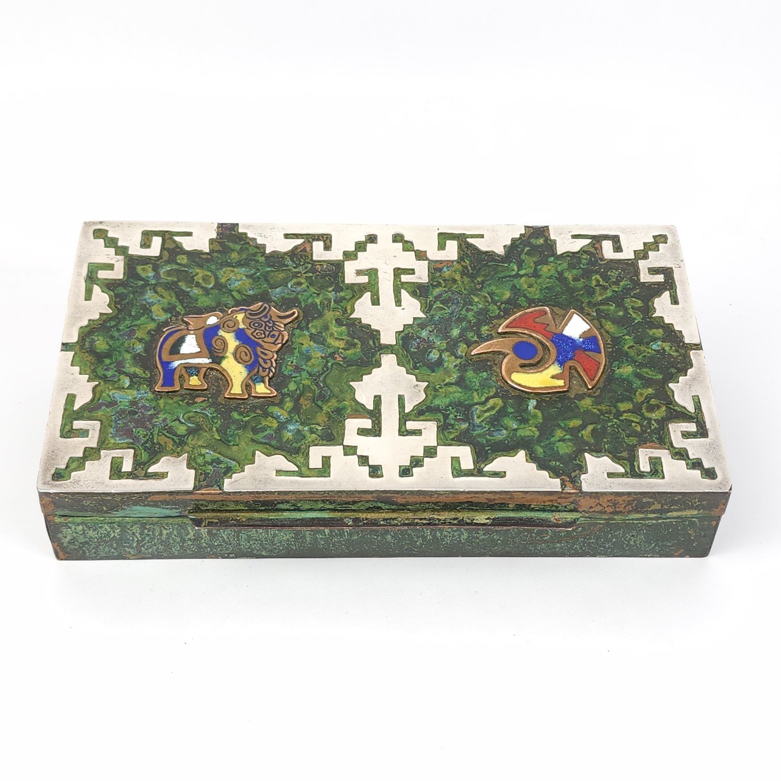 Vintage Peru Enameled Copper Cigarette Trinket Box Silver Tone Metal Bird Bull
