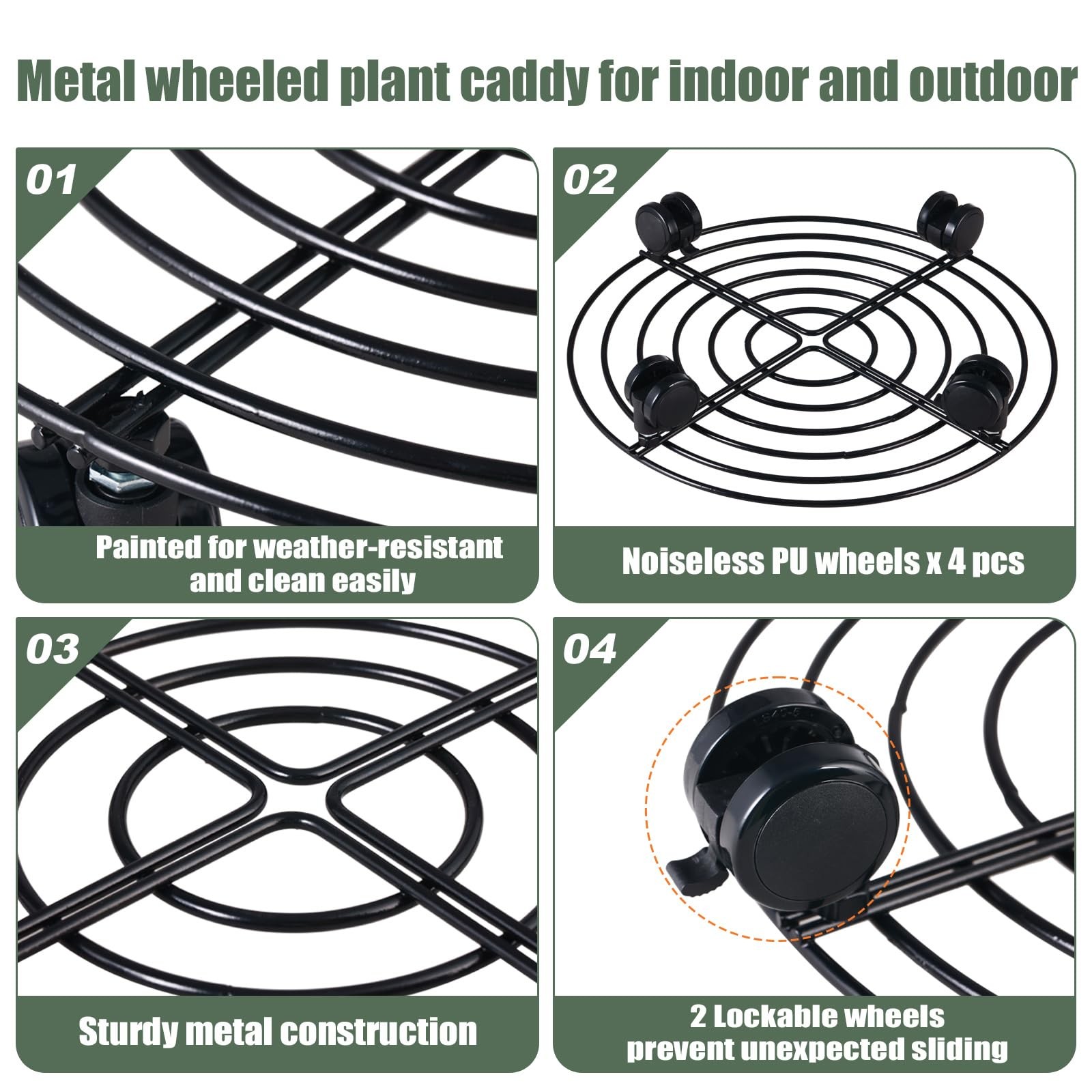 6 Packs 12 Inches Large Metal Plant Caddy with Wheels Rolling Plant Stands He...