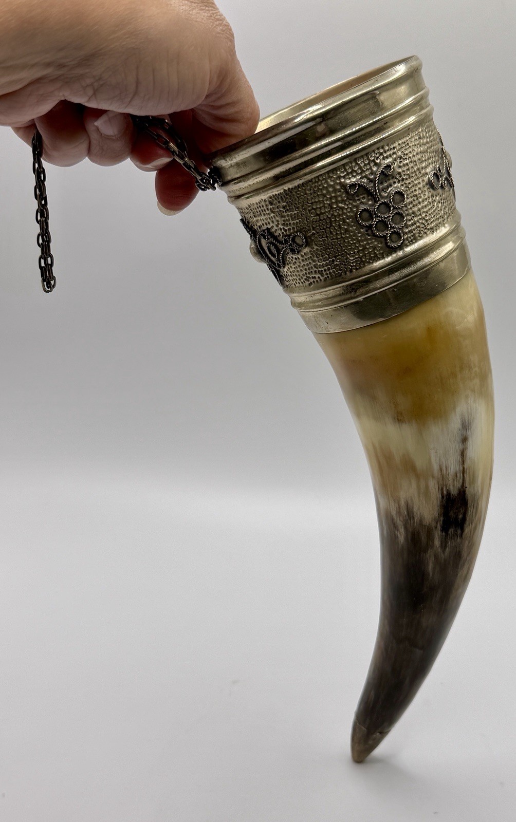 Vintage Ornate Drinking Horn with Chain Used Barware Cup