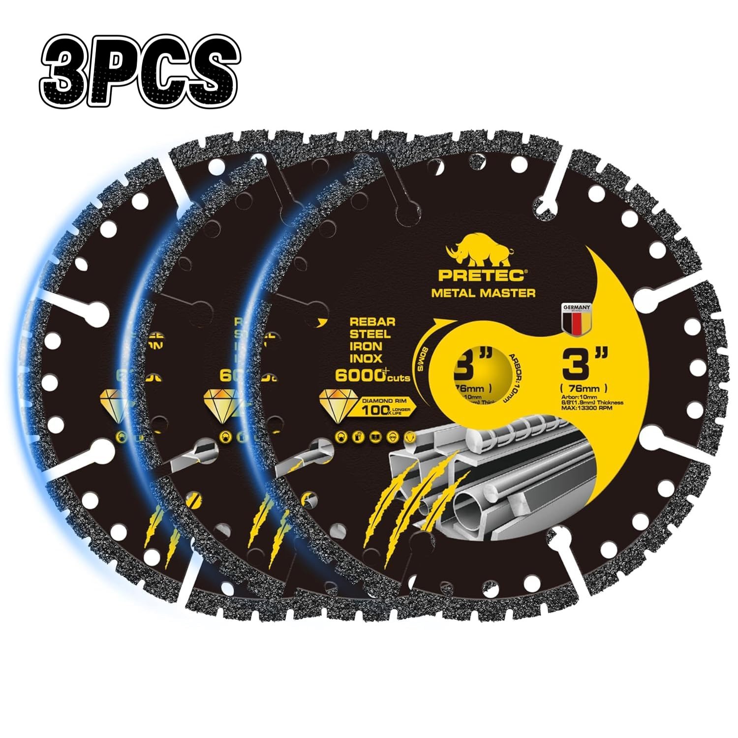 Diamond Cutting Wheel 3 Inch Metal Cut-Off with 6000+ Cuts on Rebar - 3 Pack