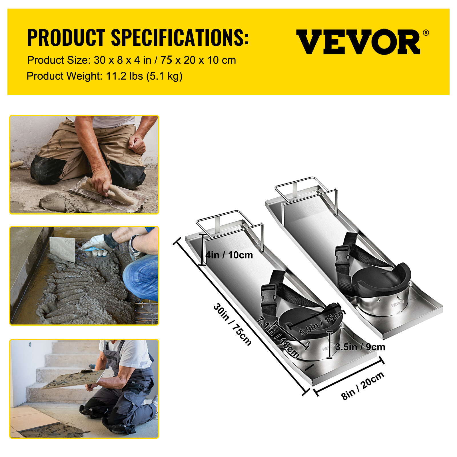 VEVOR Concrete Knee Boards Knee Sliders 30" x 8" Pair w/ Knee Pads for Concrete