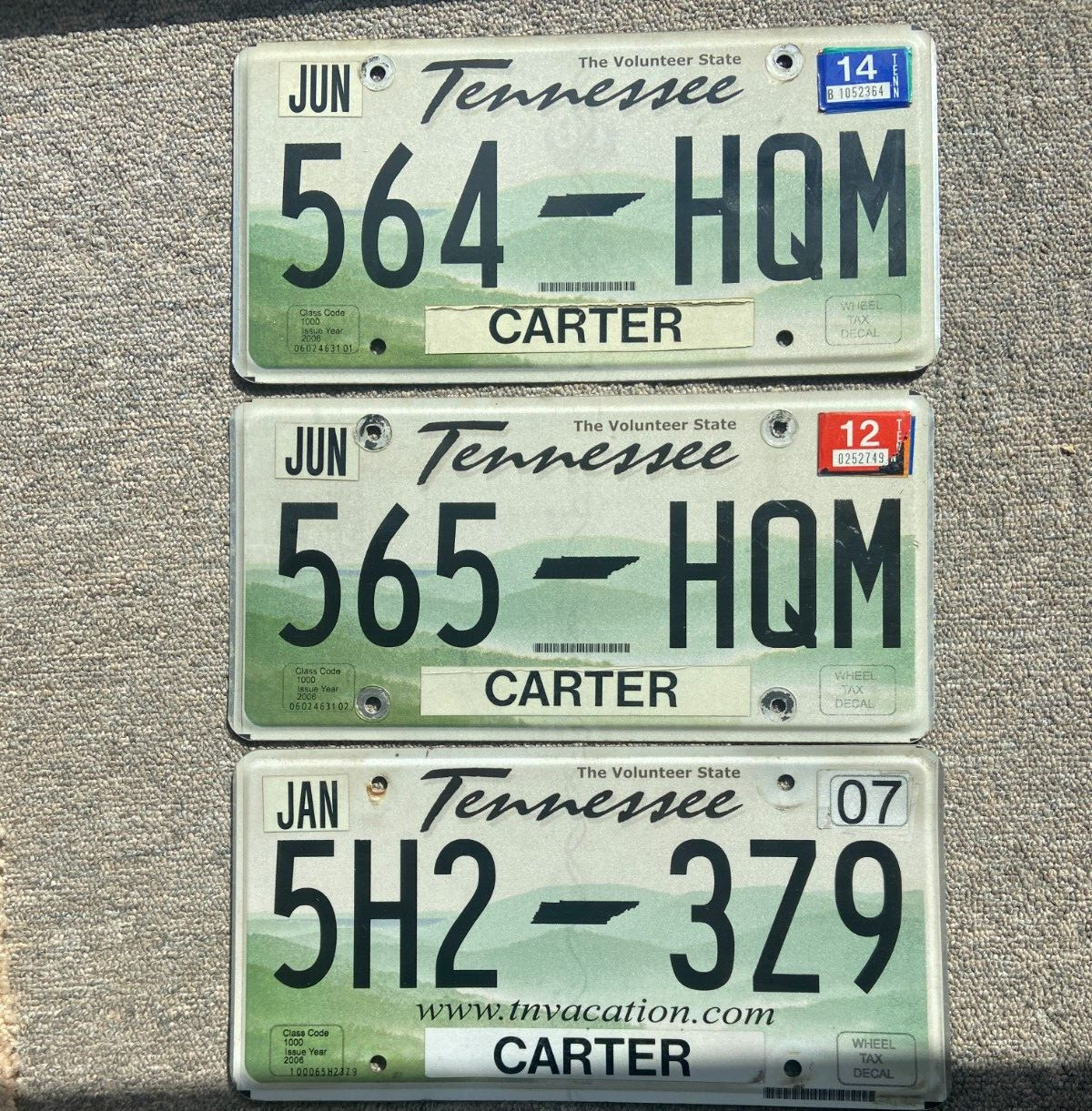 3 TENNESSEE HOLOGRAM LICENSE PLATES CARTER COUNTY 2007-12-14 VOLUNTEER STATE