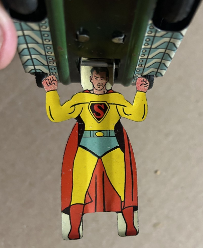 1950's Mechanical SUPERMAN TURNOVER TANK Linemar Tin Wind-Up w ORIGINAL BOX RARE