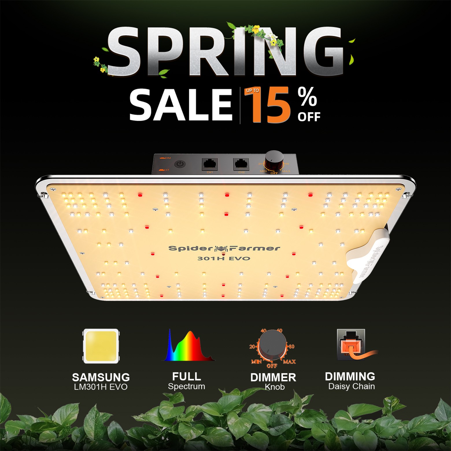 Spider Farmer SF1000EVO LED Grow Light 100W Full Spectrum for 2x2 Grow Tent Kits