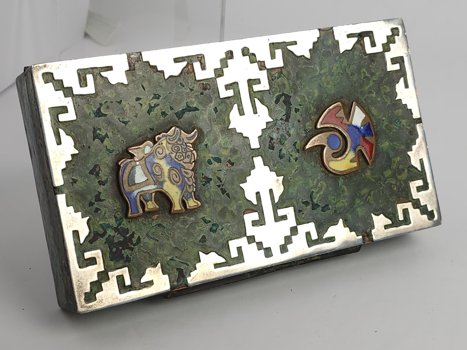 Vintage Peru Enameled Copper Cigarette Trinket Box Silver Tone Metal Bird Bull