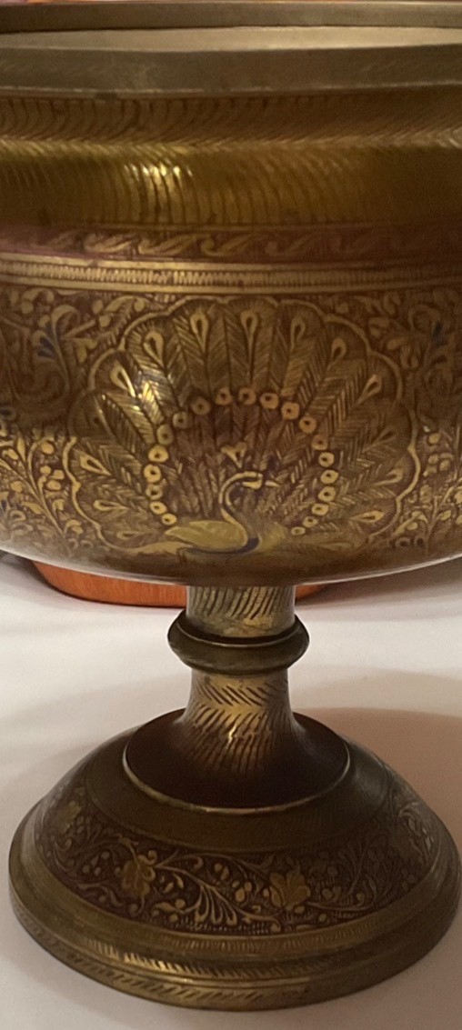 Etched Brass Pedestal Bowl Urn Peacock Floral Motif 7.3lb Ornate Centerpiece