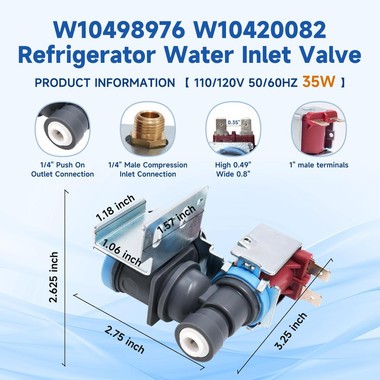 Icemaker Water Valve Compatible with Whirlpool Refrigerator W10498976