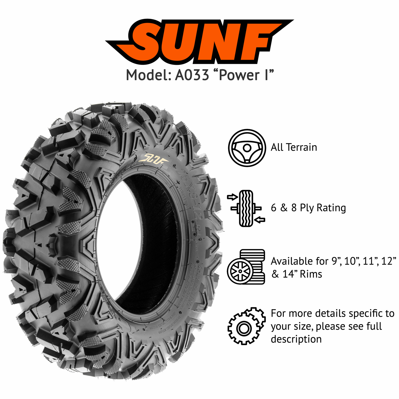 SunF 25x8-12 25x10-12 All Terrain Tires ATV UTV 6 PR POWER I A033 - Bundle set