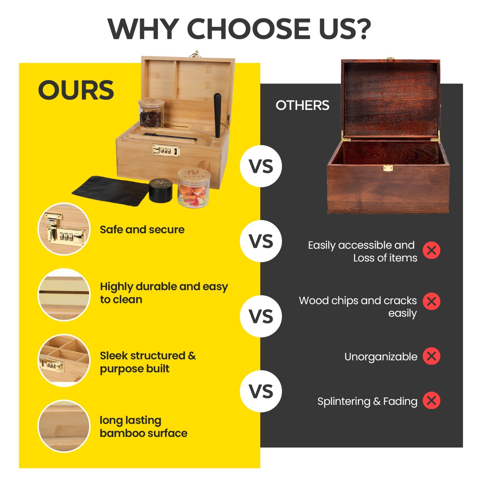 Stash Box Large - Smell Proof Bamboo Box with Rolling Tray - Storage Wood Box