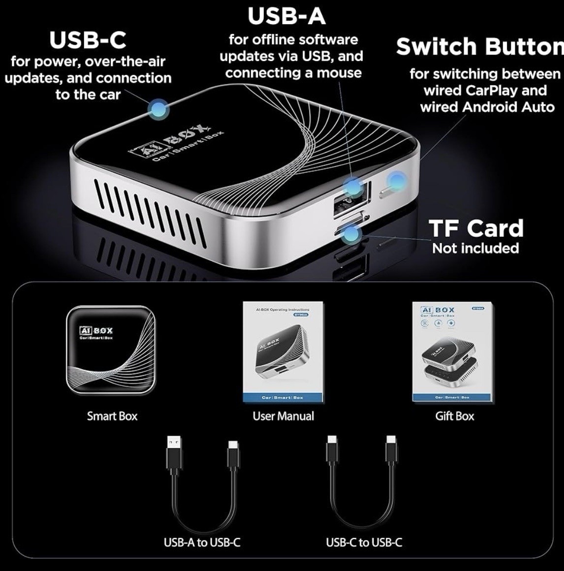 3-in-1 Wireless CarPlay Adapter & Android Auto Wireless Adapter, Plug & Play