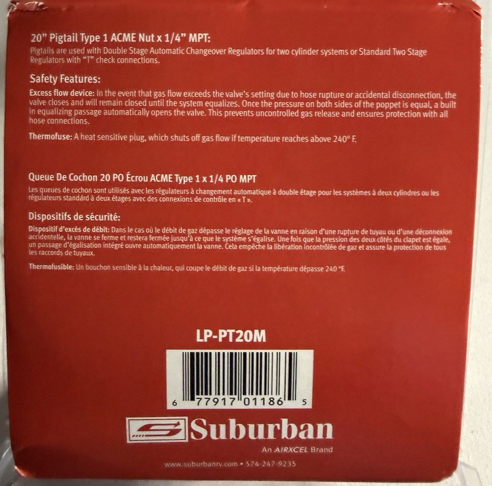 Suburban LP-PT20M 20-Inch Pigtail Type 1 Acme Nut with 1/4-Inch MPT