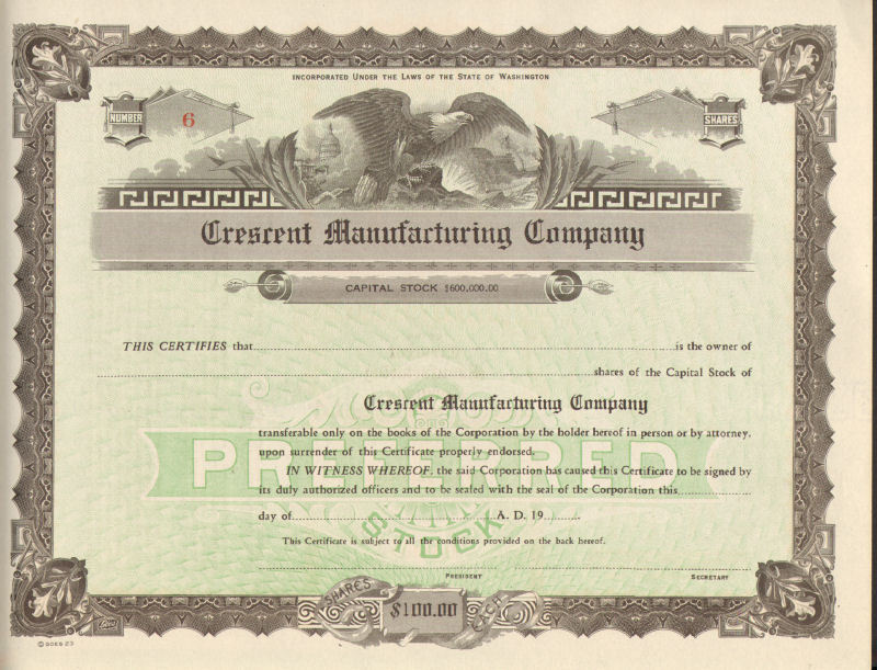 Crescent Manufacturing Company 1920s Washington preferred stock certificate
