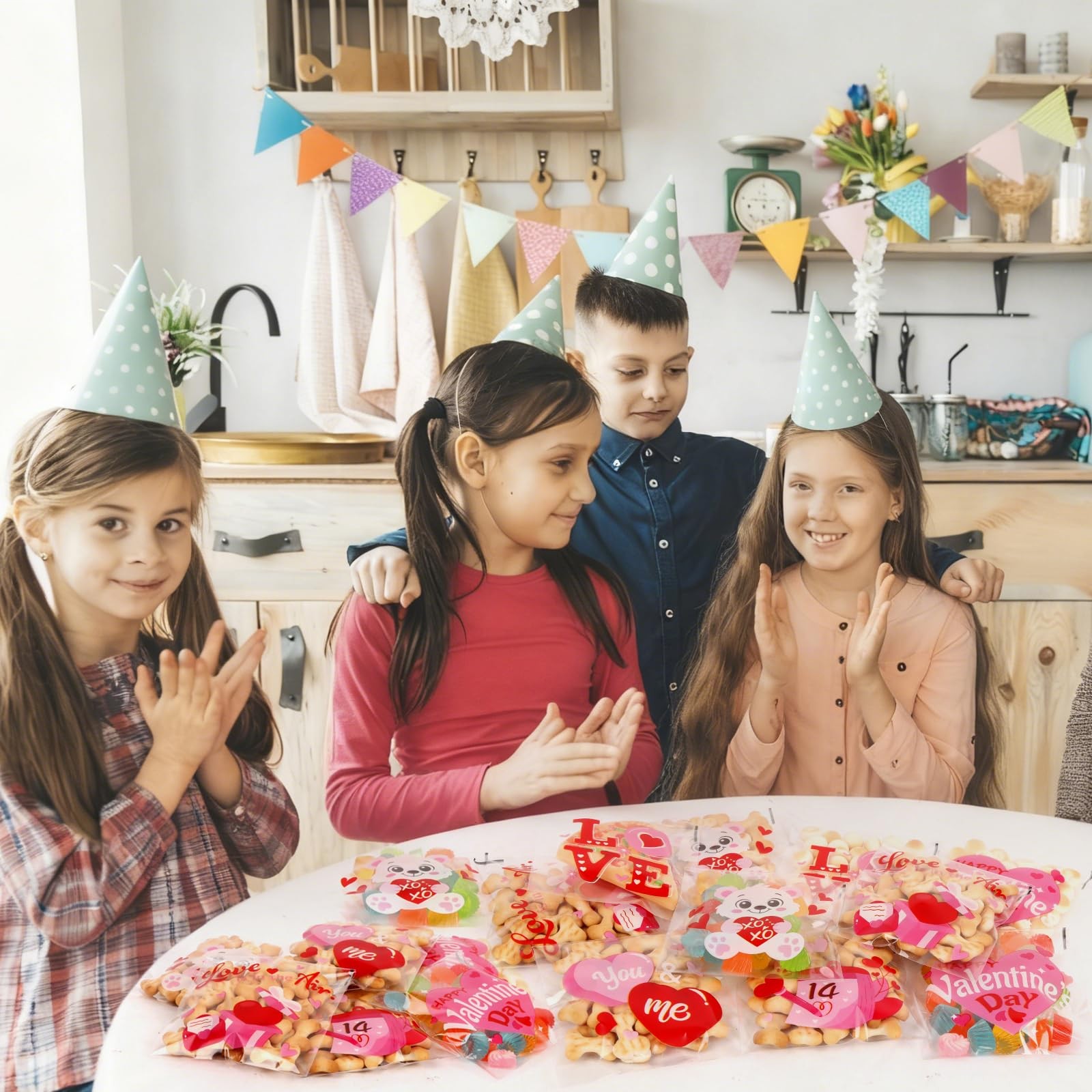 300pcs Valentine Cellophane Treat Bags Self-Adhesive Clear Plastic 6 Designs Set