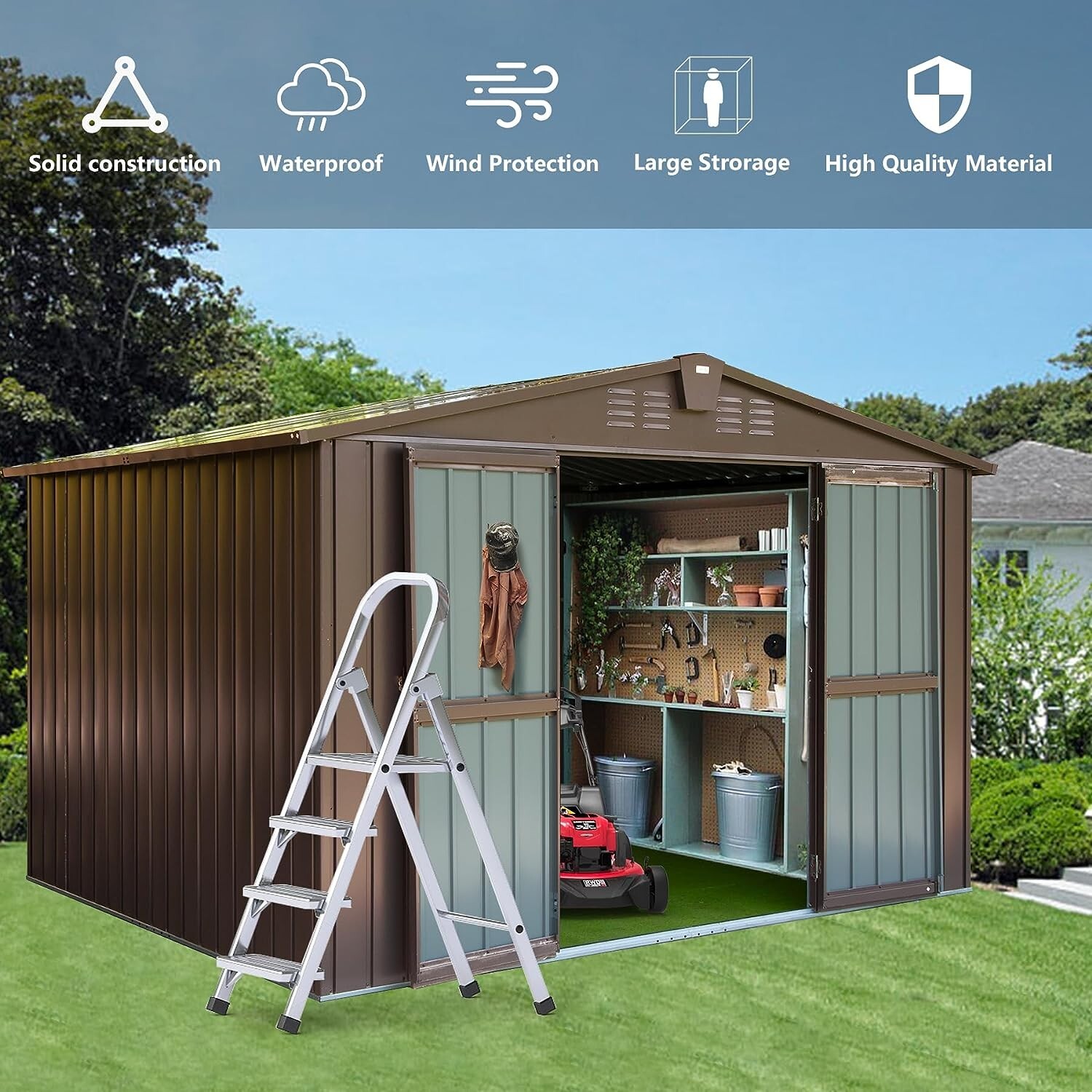 Domi Storage Shed 10'x 8' Metal Shed for Backyard,Garden w/Lockable Door,Brown