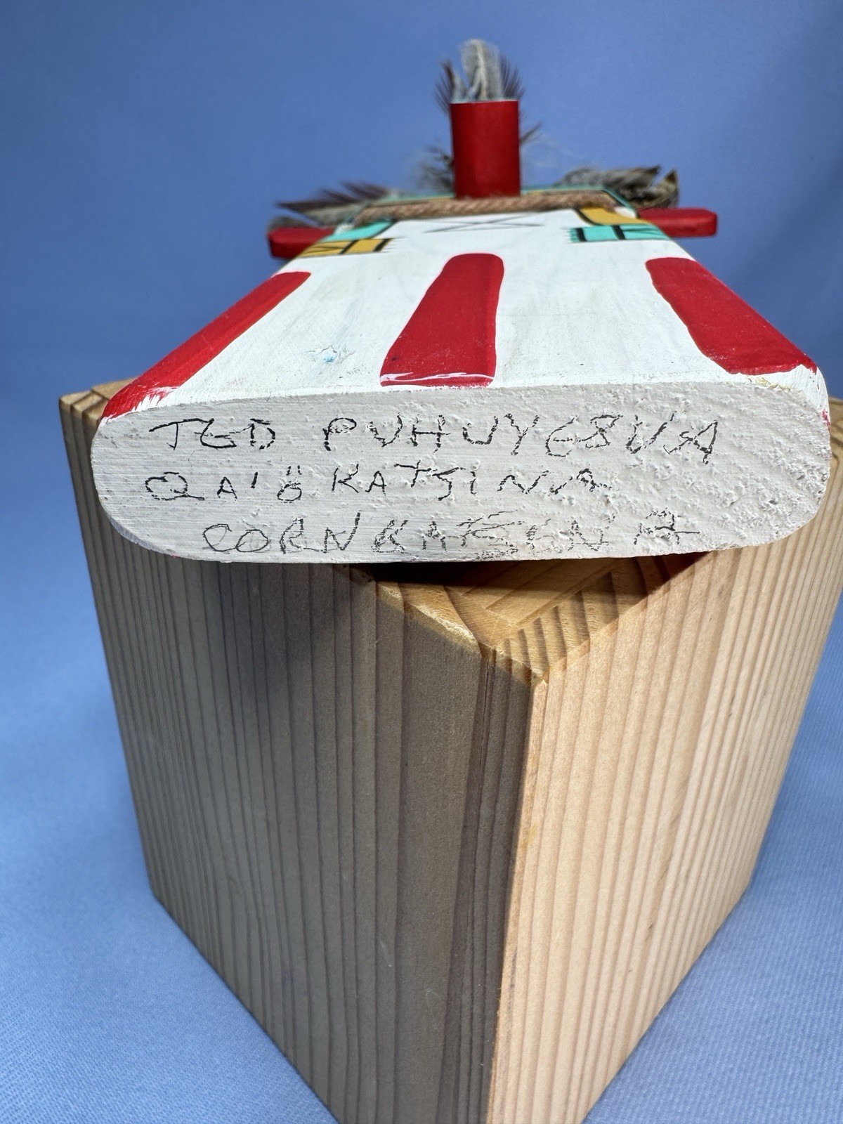 VTG Hopi Puchtihu Corn Kachina Flat Carved Wood With Feathers 7” Sign Puhuyesua