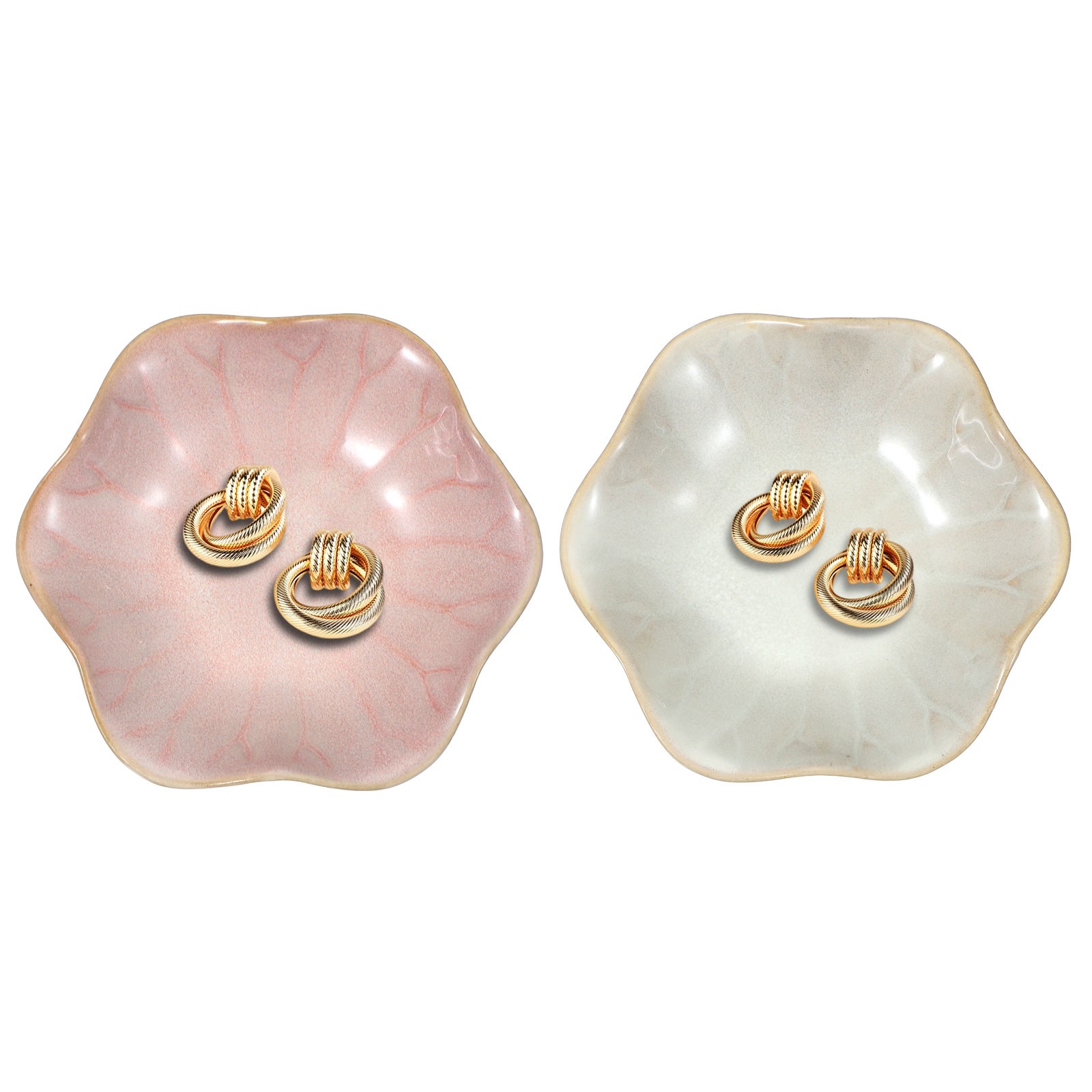 2Pcs Ceramics Jewelry Plate, Lotus Small Ring Tray Key Holder Bowl, Pink/White