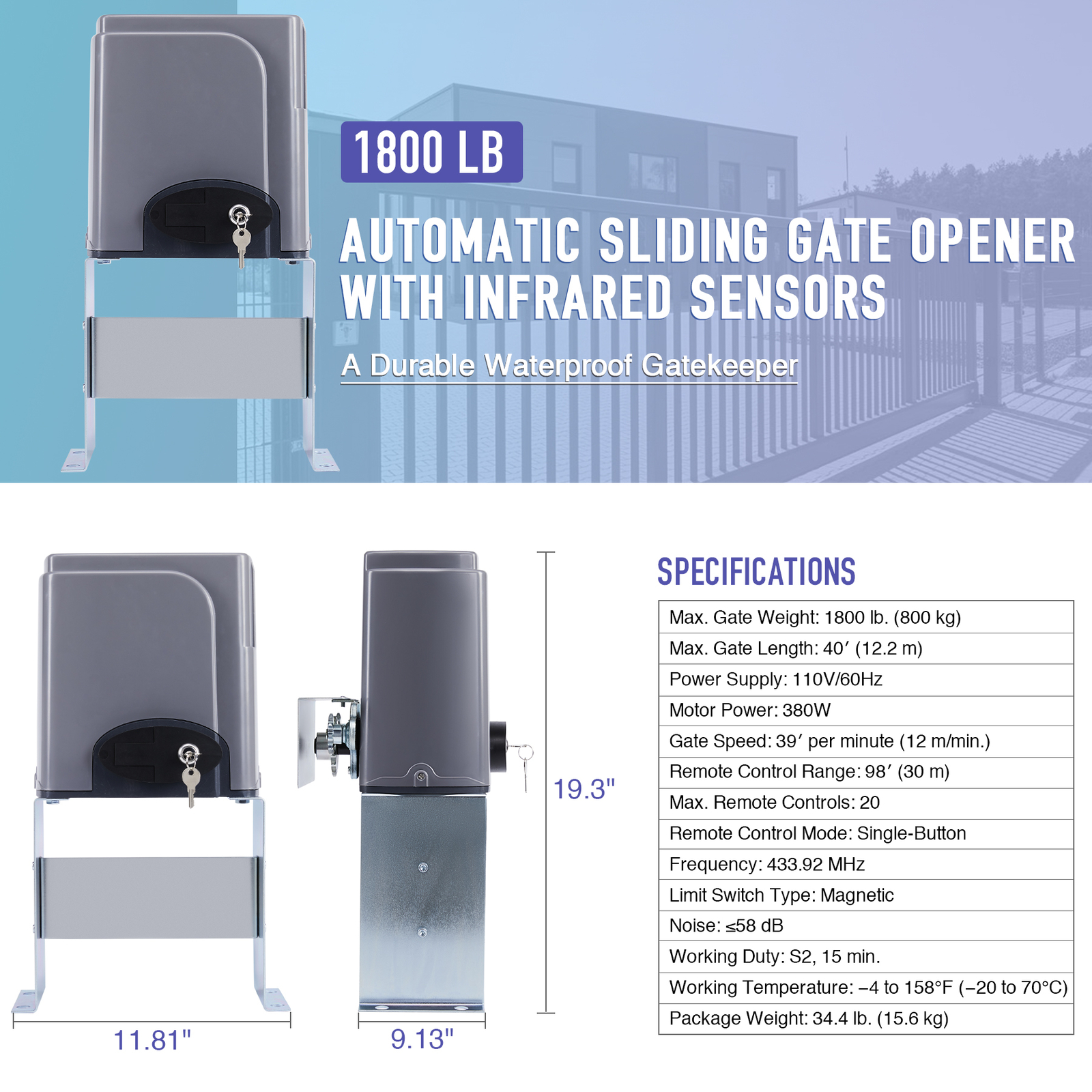 CO-Z 1800lbs/800KG Electric Sliding Gate Opener Automatic Kit w Remote Controls