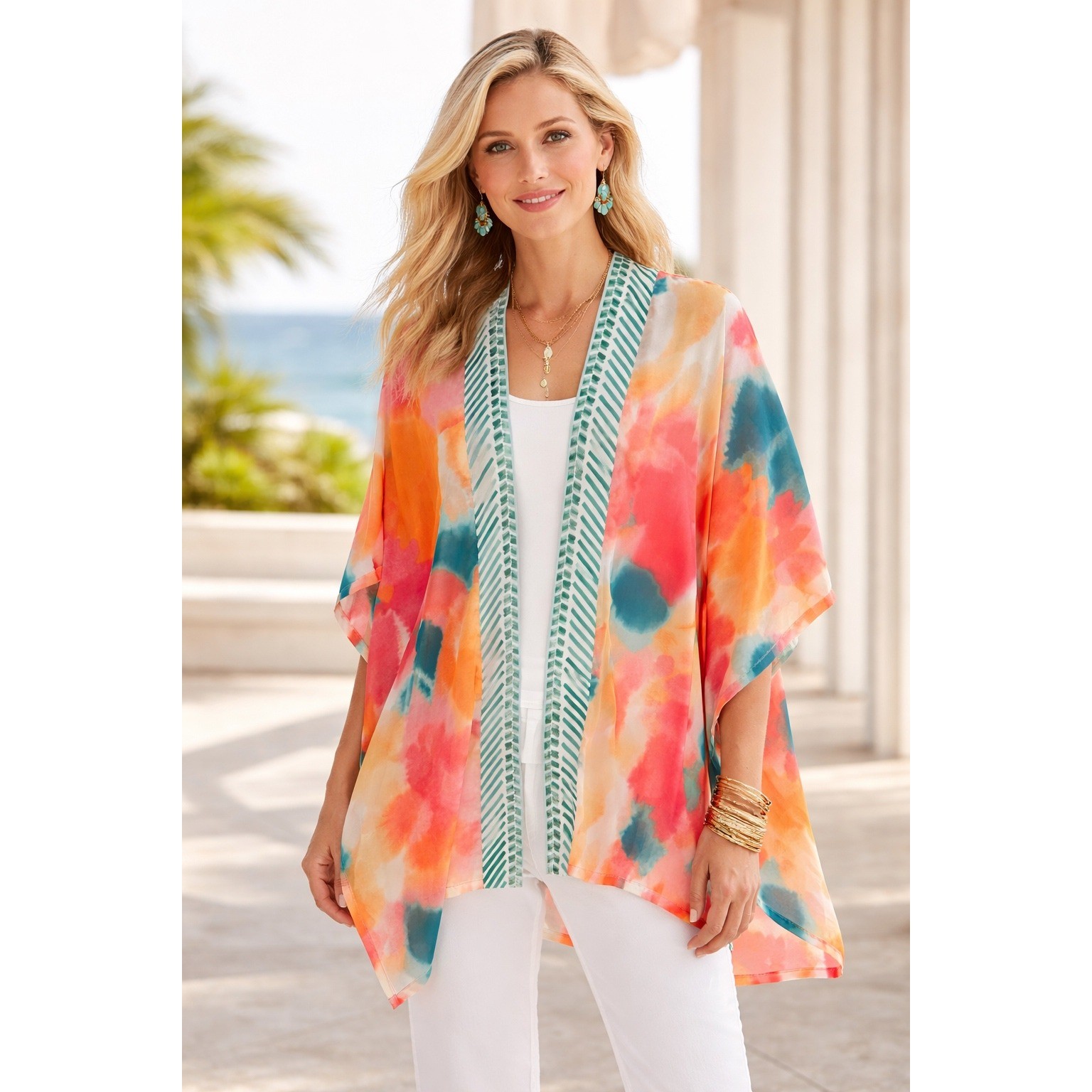 Chico's Kimono Wrap Womens L/XL Orange Pink Watercolor Abstract Boho Coverup