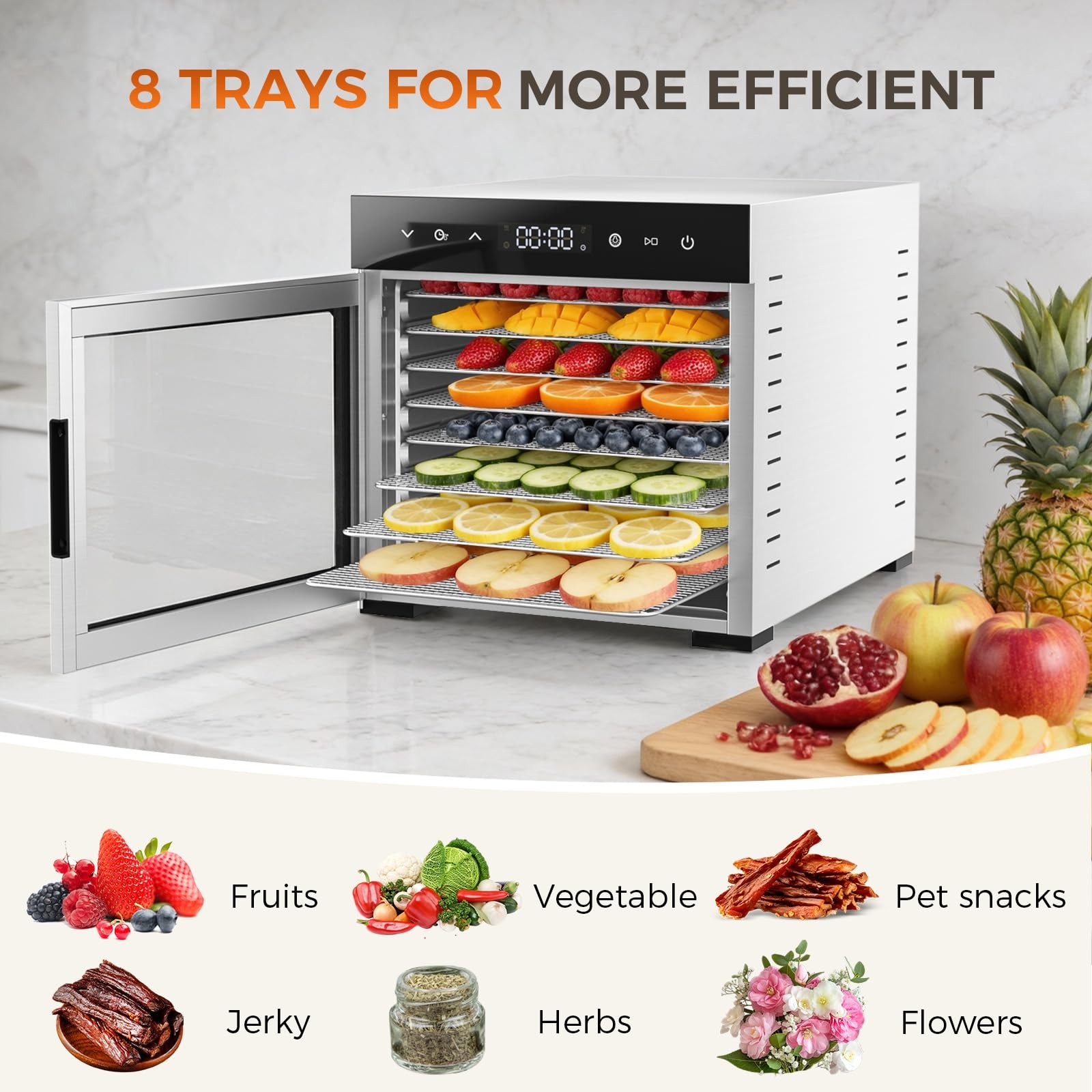 Food Dehydrator Machine, 500W Jerky Dehydrators with 8 Stainless Steel Large ...