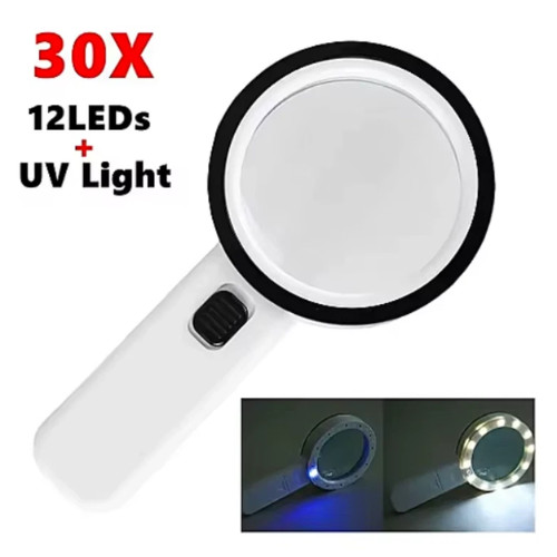 Jumbo Handheld Magnifying Glass w/ 12 Bright LED Light Illuminated 30X Magnifier