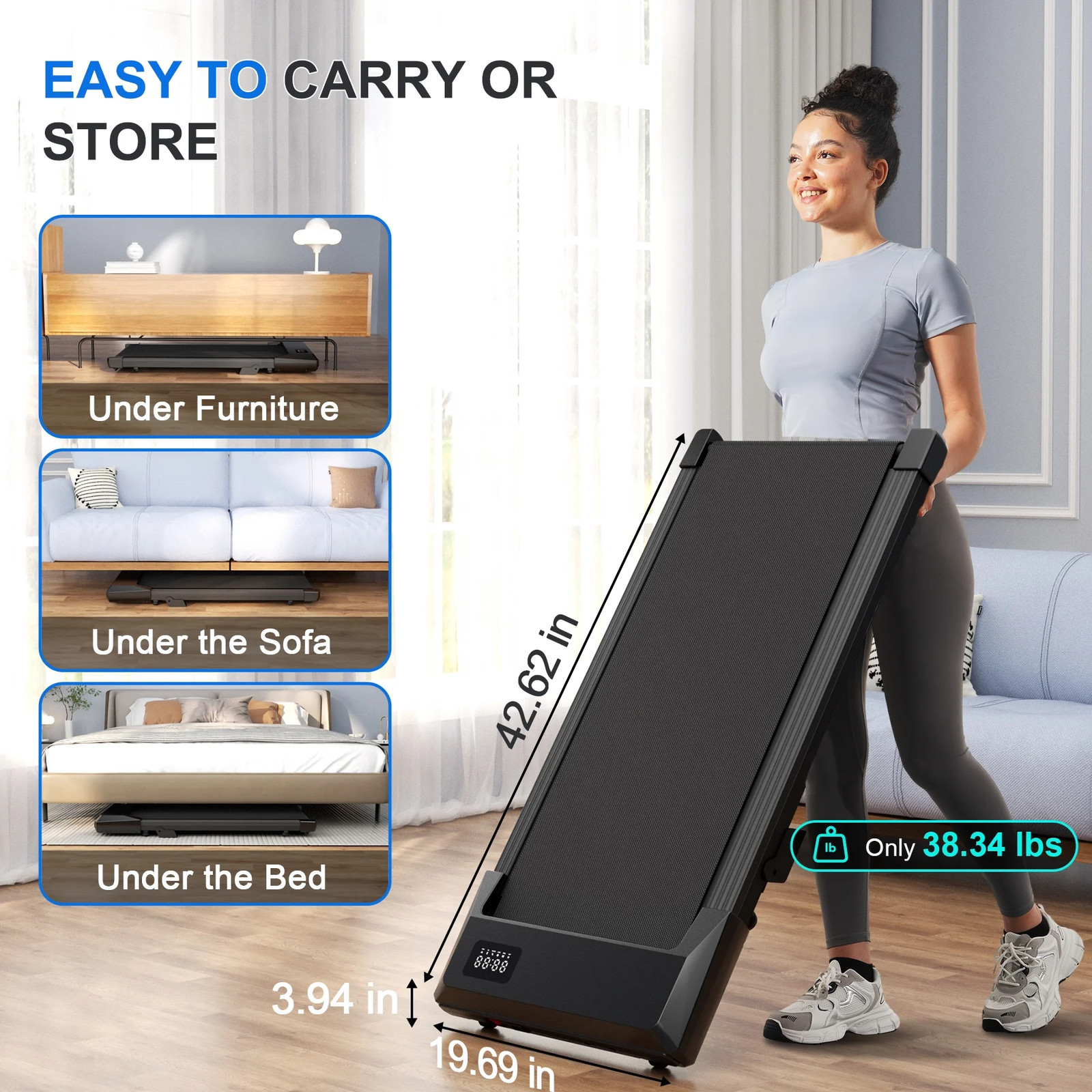 Under-Desk Walking Treadmill, 3.8 MPH, 6% Incline, Quiet Portable, 300 lb